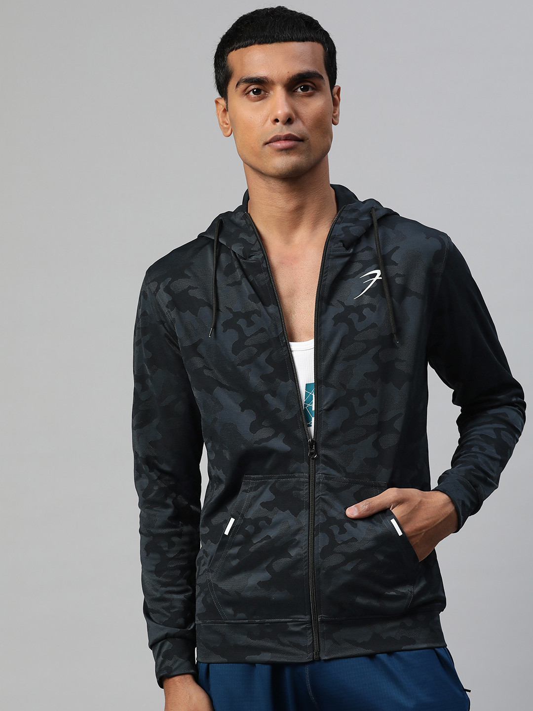 

FUAARK Men Navy Blue Camouflage Training or Gym Sporty Jacket