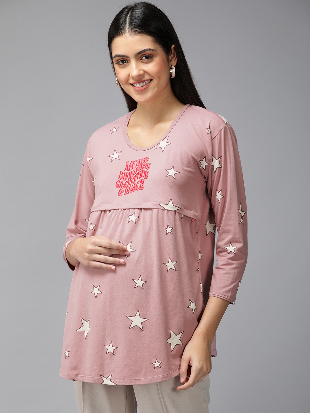 

Zeyo Dusty Rose Pink & Off White Star Print Maternity & Feeding Pure Cotton Top