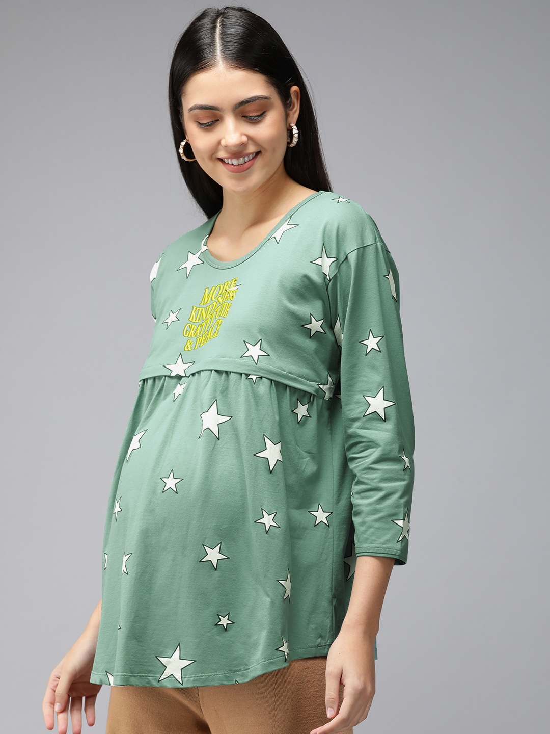 

Zeyo Green Printed Cotton Maternity Top