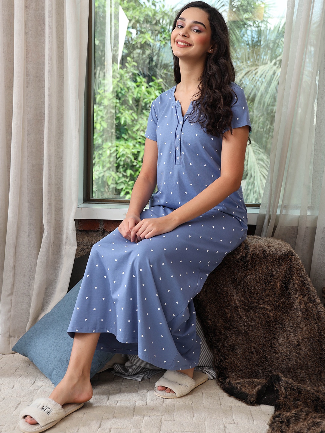 

Zeyo Blue Printed Maxi Cotton Nightdress