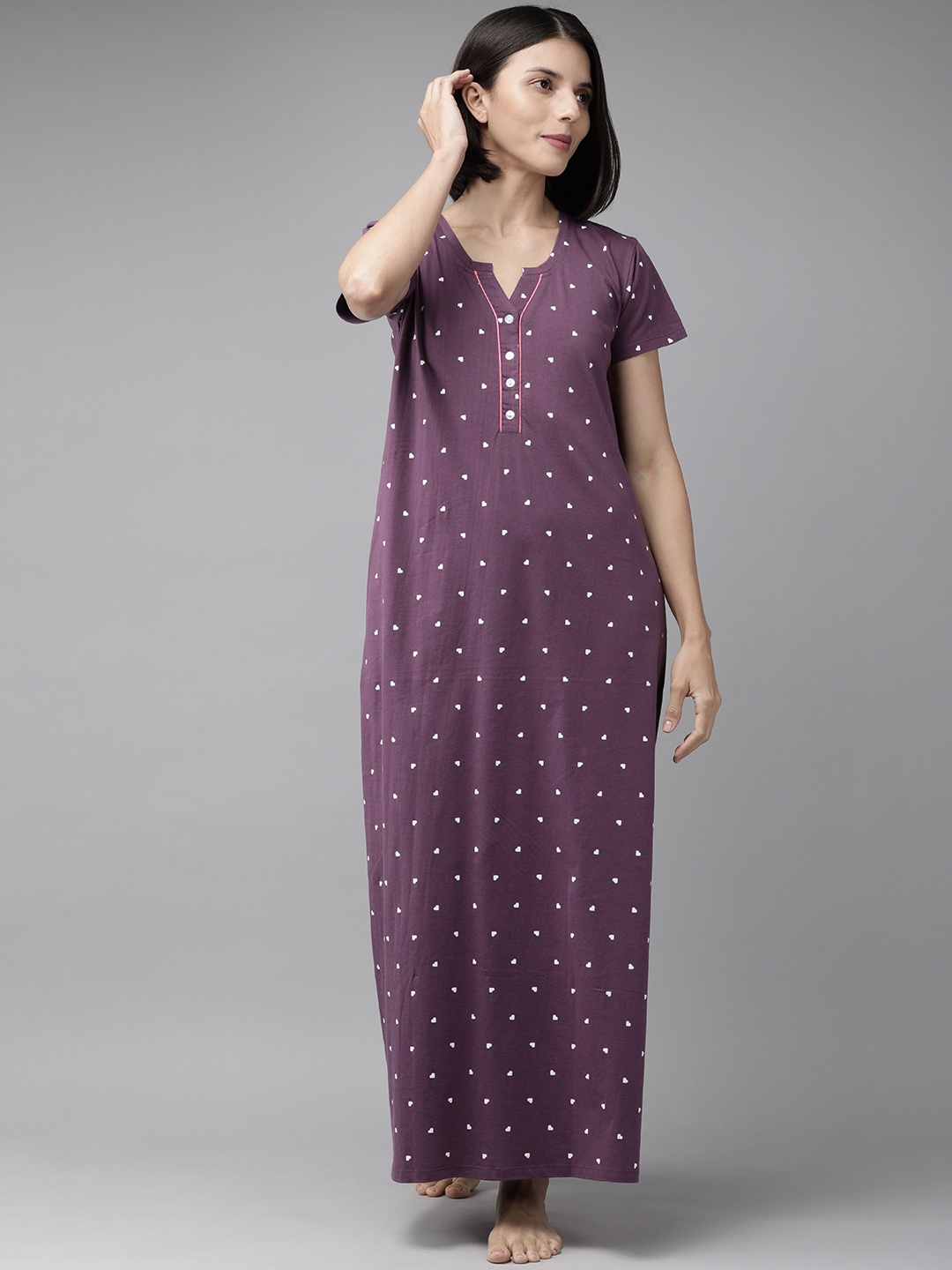 

Zeyo Purple & White Printed Cotton Maxi Nightdress