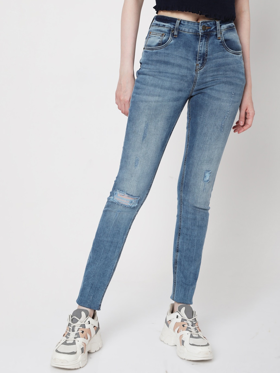 

Vero Moda Women Blue Skinny Fit High-Rise Low Distress Heavy Fade Jeans