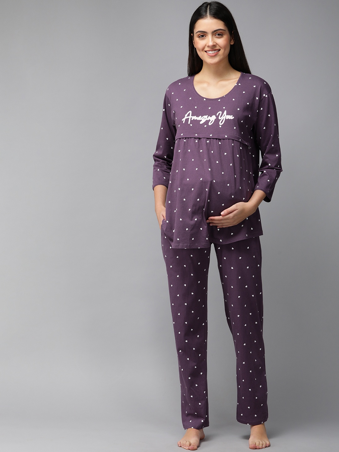 

Zeyo Women Purple & White Conversational Printed Cotton Maternity Pyjama Set