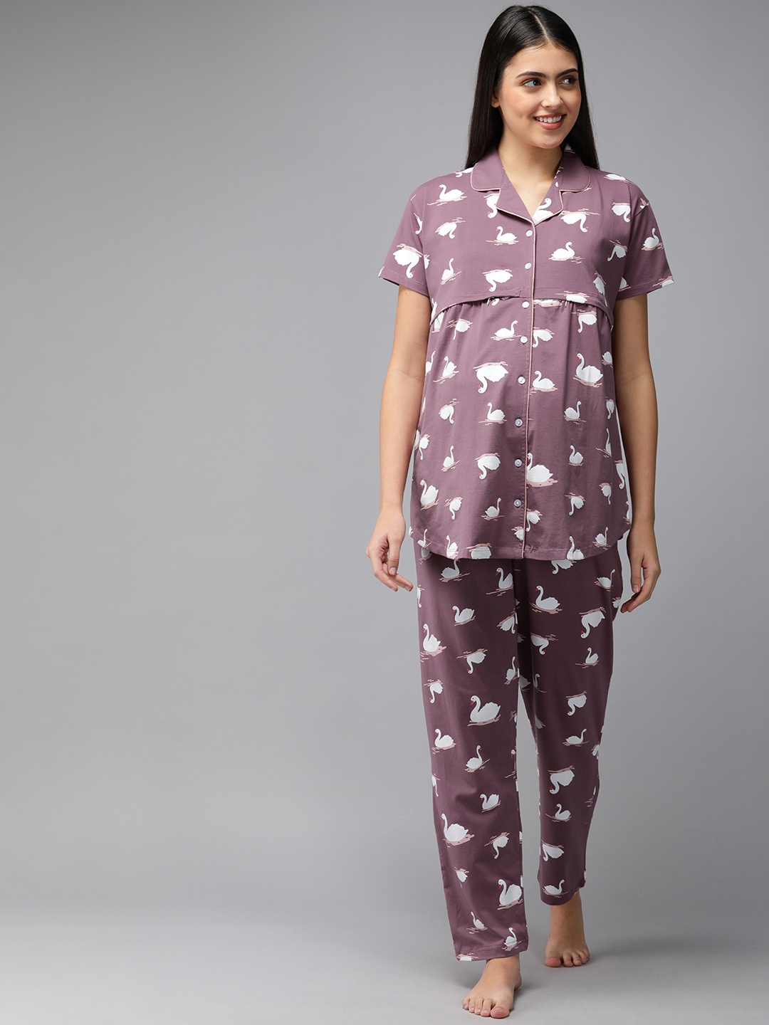 

Zeyo Women Mauve & White Pure Cotton Printed Maternity & Feeding Pyjama Set