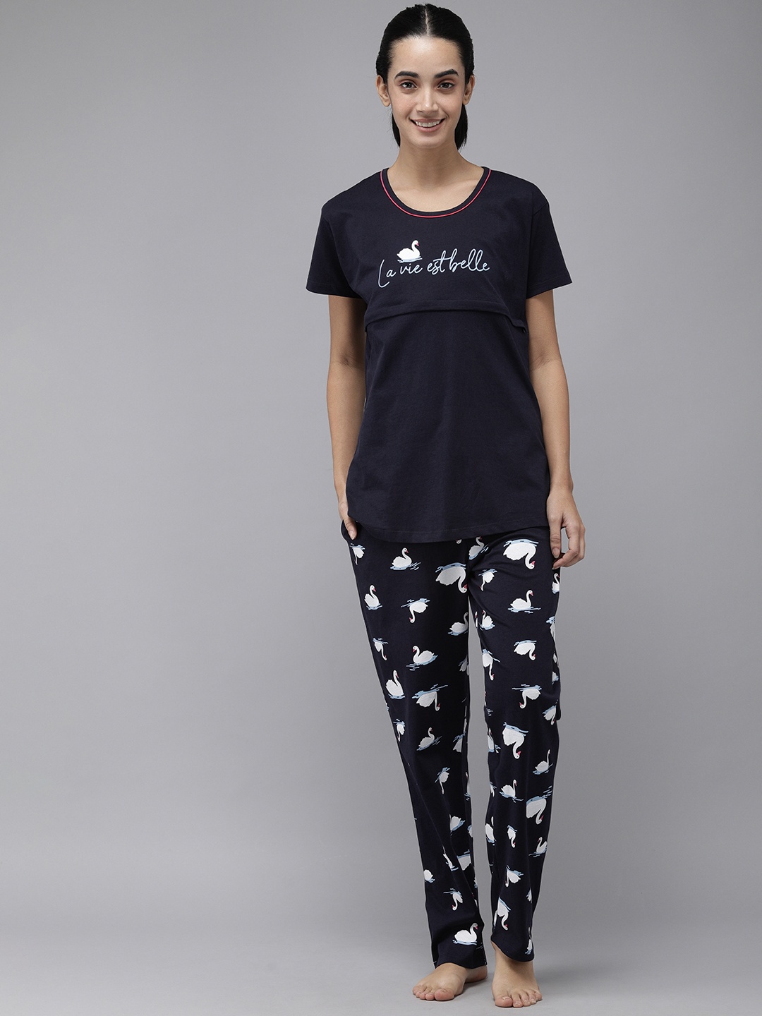 

Zeyo Women Navy Blue & White Typography Print Cotton Maternity Pyjama Set