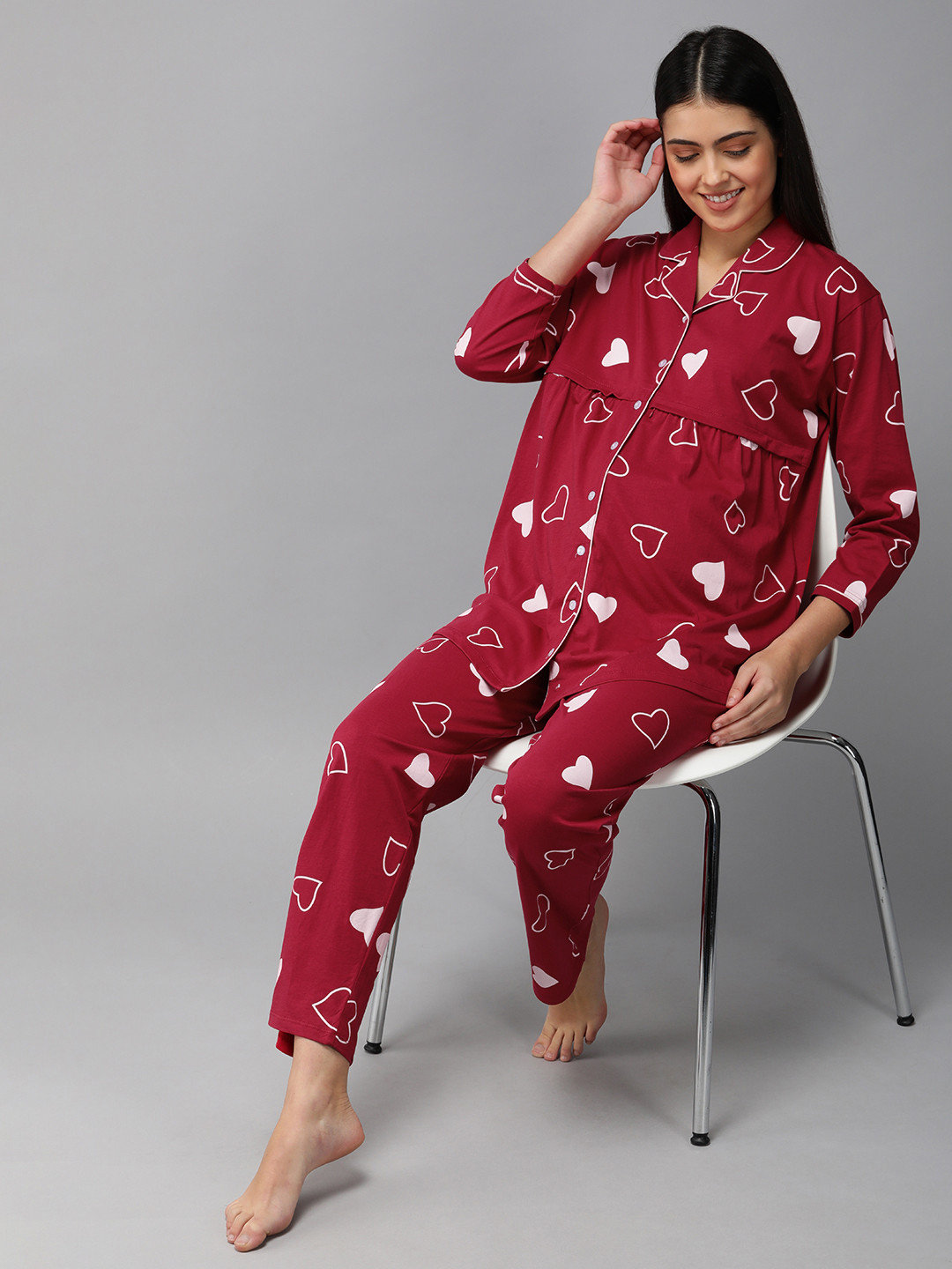 

Zeyo Women Red & White Printed Maternity & Feeding Pyjama Set