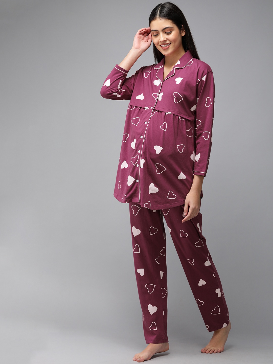 

Zeyo Women Purple & White Pure Cotton Conversational Print Maternity & Feeding Pyjama Set