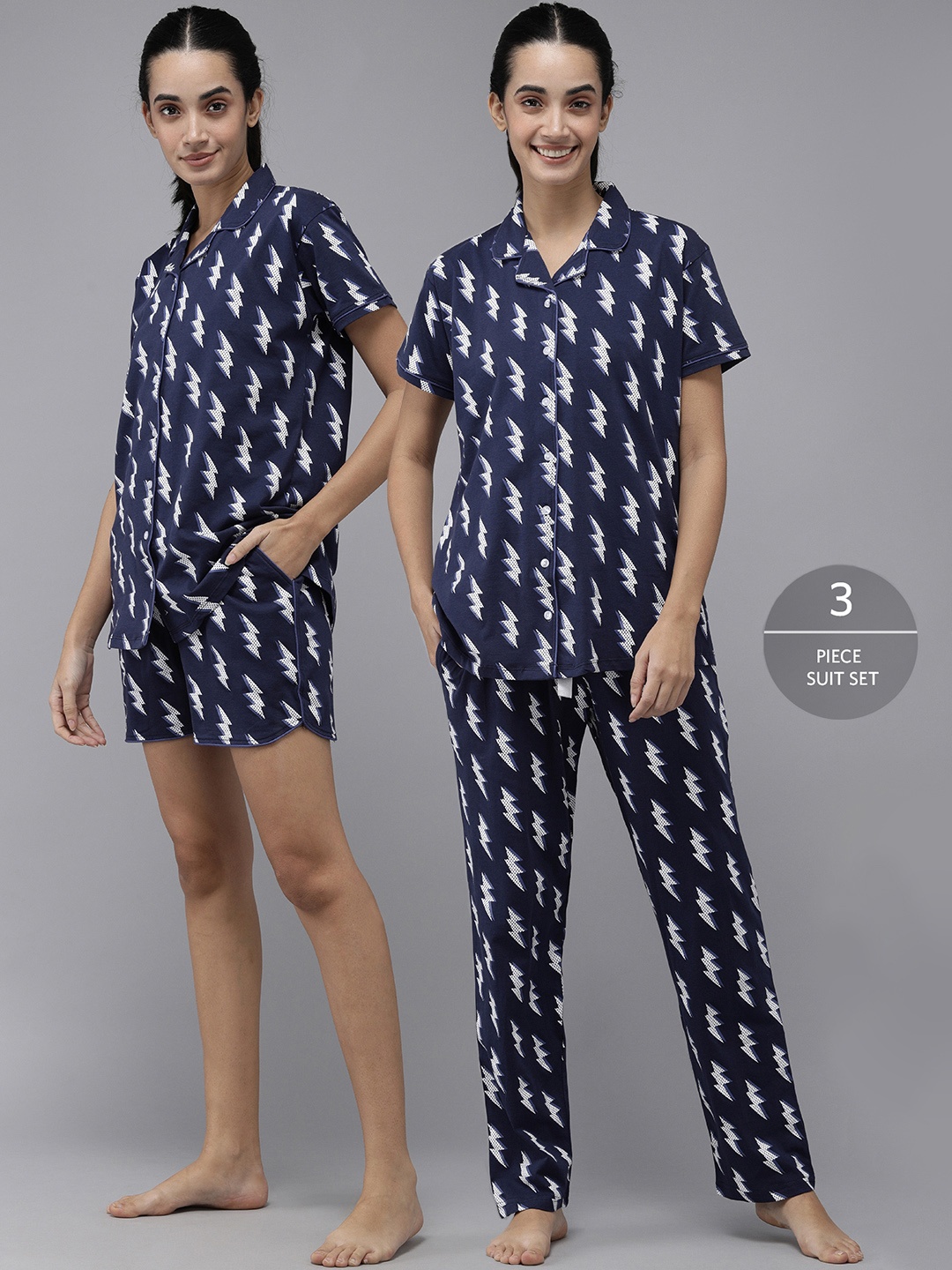 

Zeyo Women Printed Pure Cotton Shirt With Pajama, Short, Navy blue