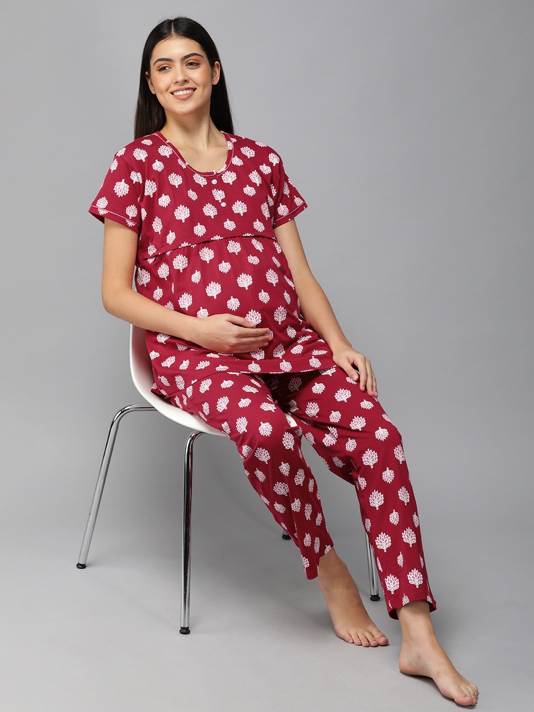 

Zeyo Women Red & Pink Floral Print Cotton Maternity Pyjama Set