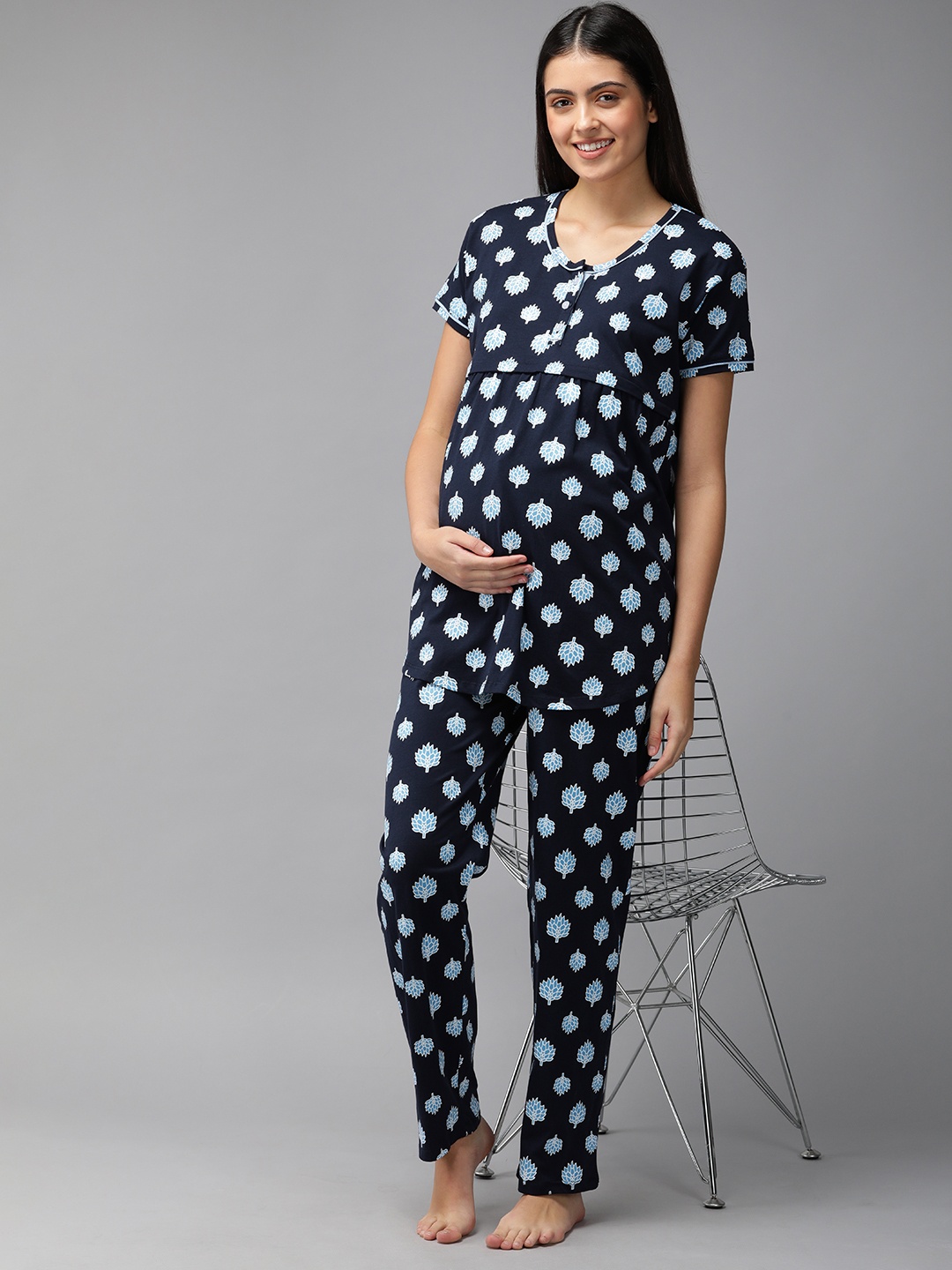 

Zeyo Women Blue & White Floral Print Cotton Maternity Pyjama Set
