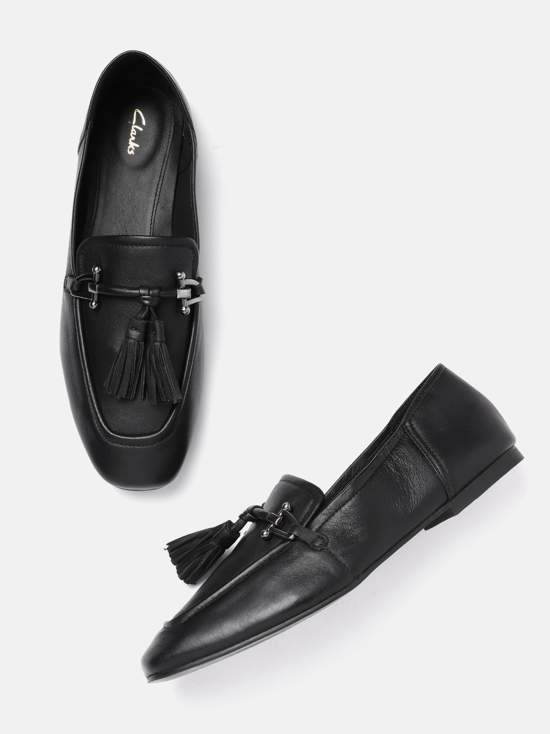 

Clarks Women Black Solid Leather Horsebit Loafers