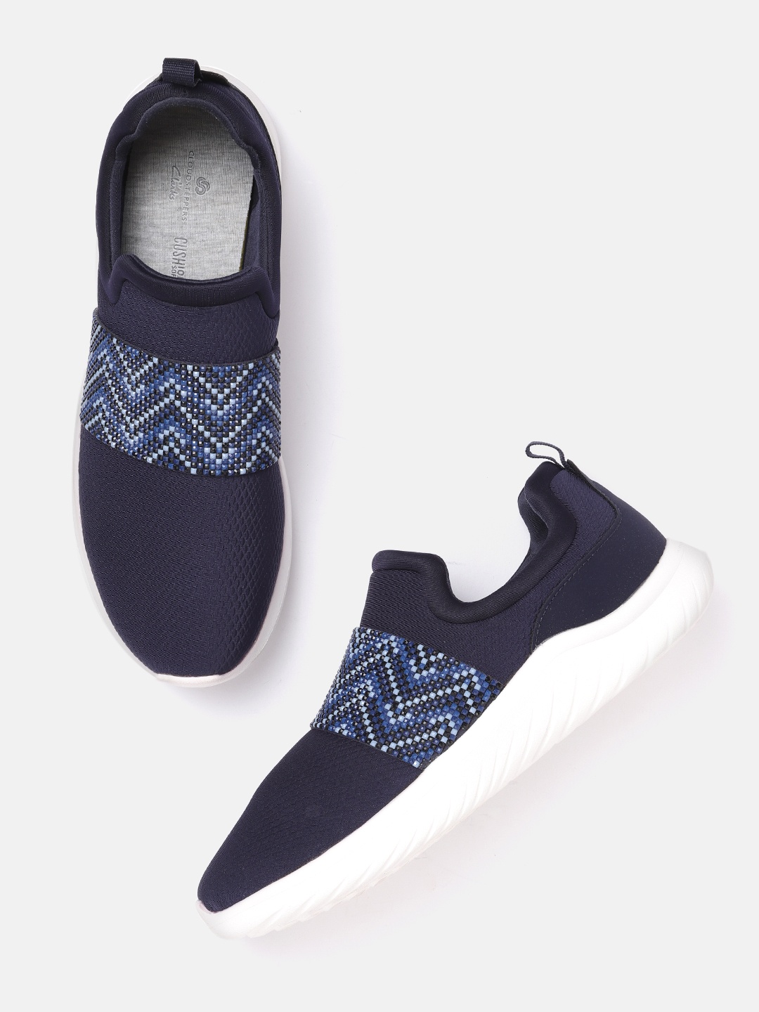 

Clarks Women Navy Blue & White Striped Beads Studded Slip-On Sneakers