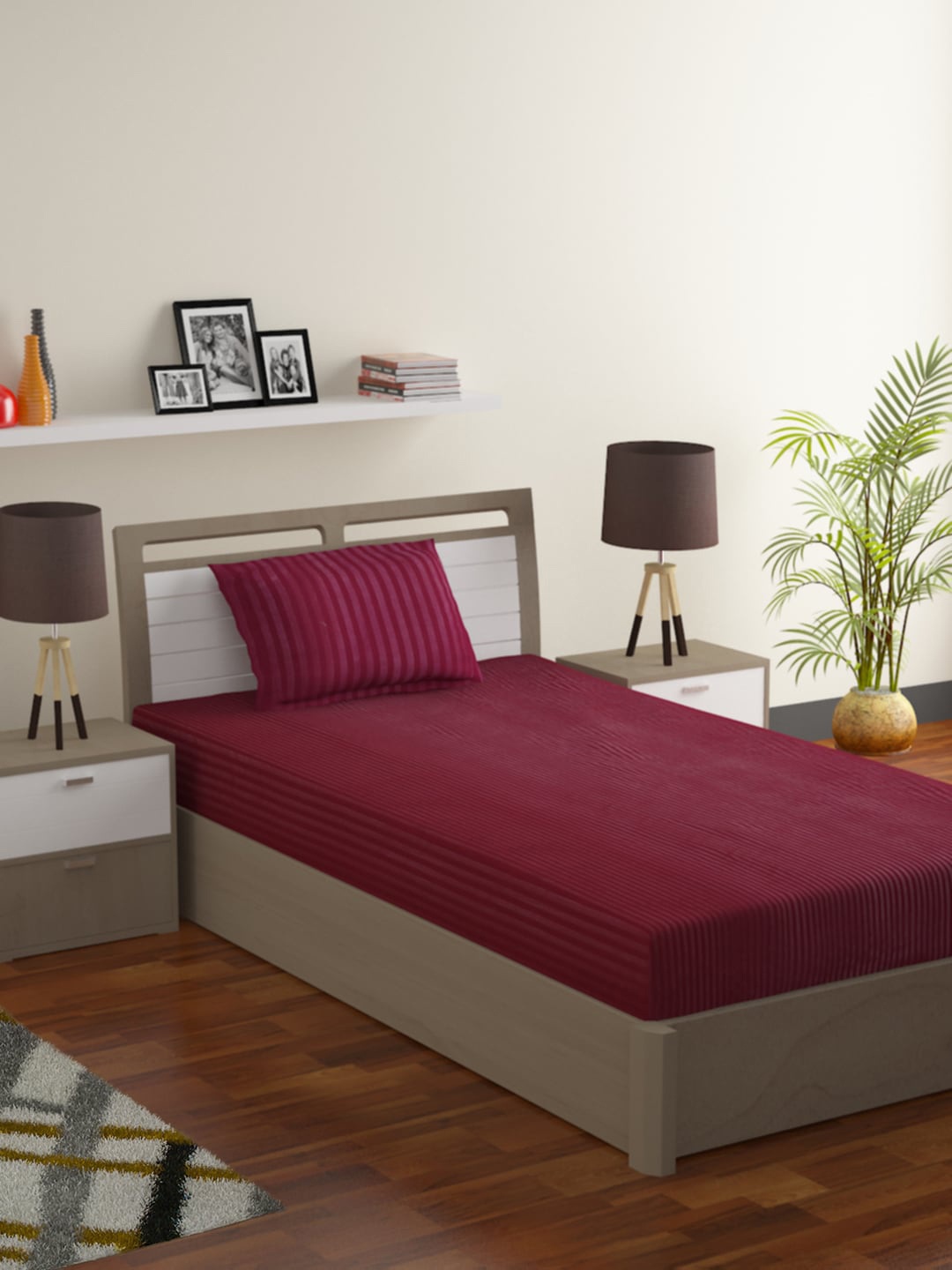 

MODEFE Maroon Striped 180 TC Single Bedsheet with 1 Pillow Covers