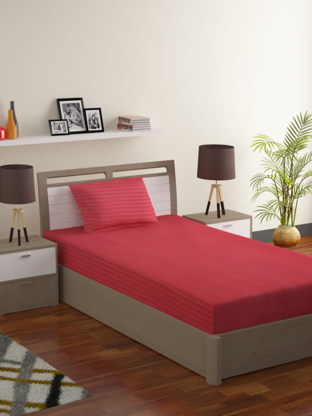 

MODEFE Red Striped 180 TC Single Bedsheet with 1 Pillow Covers