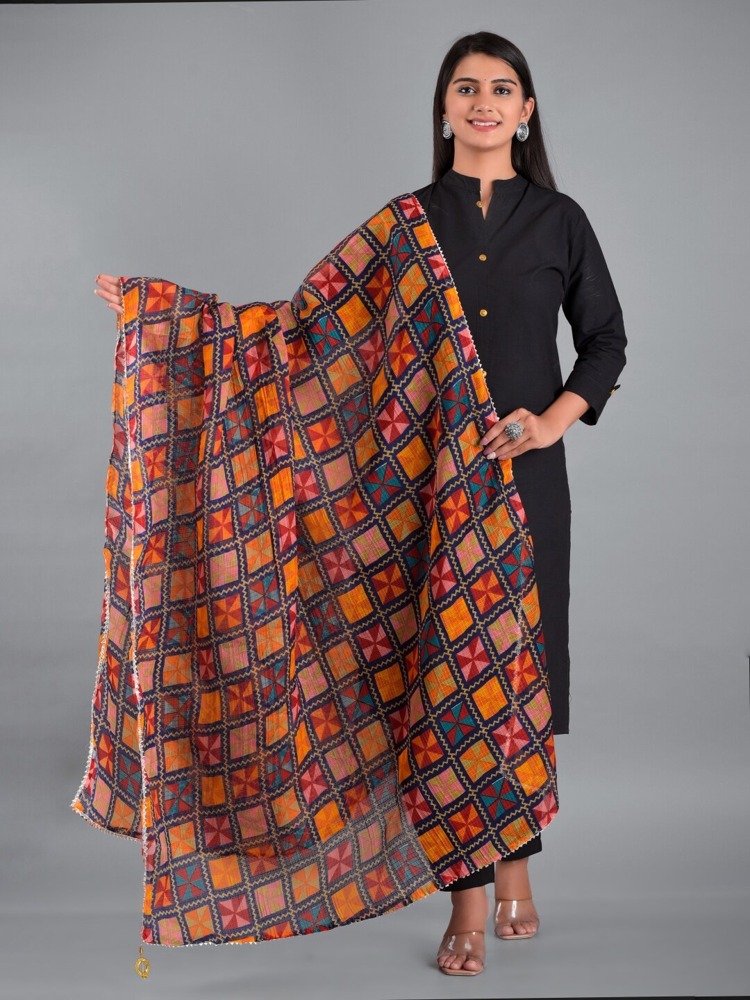 

Apratim Red & Blue Printed Leheriya Dupatta with Zari