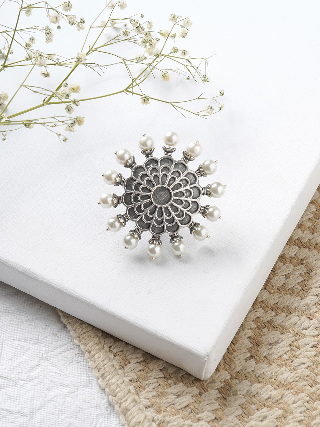 

TEEJH Oxidized Silver-Plated & White Pearl-Beaded Finger Ring