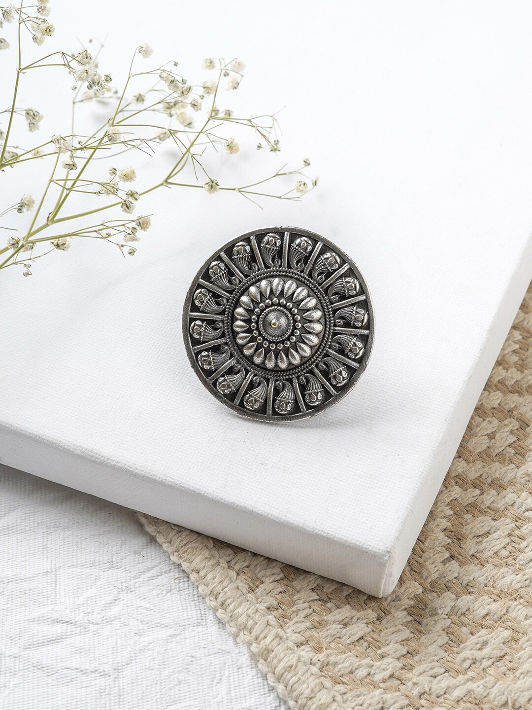 

TEEJH Oxidised Silver-Plated Adjustable Finger Ring