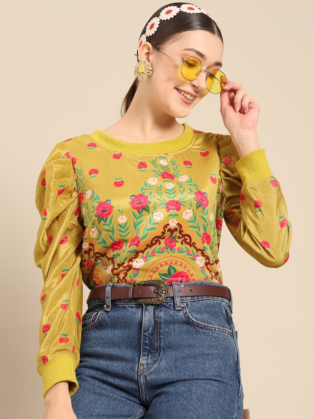 

Sangria Women Mustard Yellow & Red Floral Printed Sweatshirt