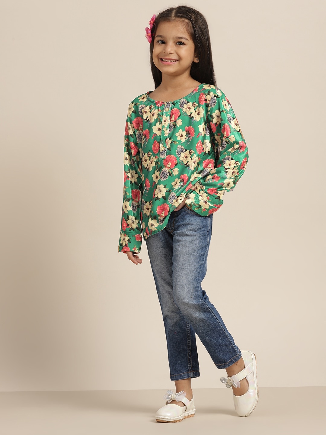 

Sangria Girls Green & Red Floral Print Velvet Top