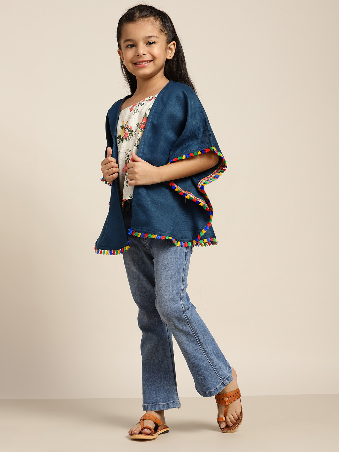 

Sangria Girls Navy Blue Solid Tasseled Extended sleeves Kaftan Style Open Front Shrug