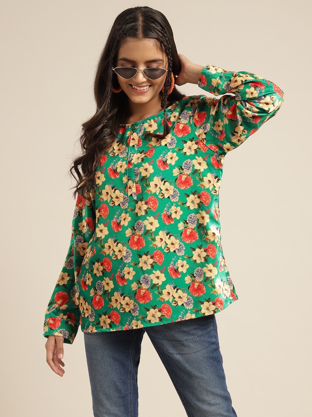 

Sangria Teen Girls Green & Orange Floral Print Top