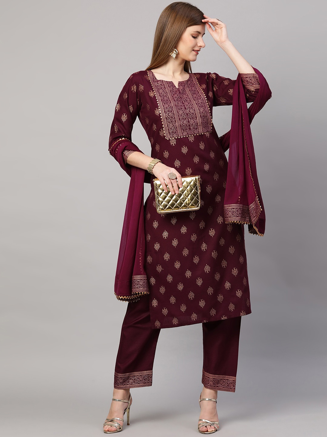 

KALINI Women Burgundy Ethnic Motifs Printed Kurta with Trousers & With Dupatta