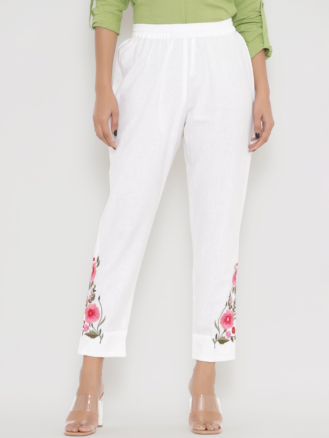 

PINKVILLE JAIPUR Women White Embroidered Straight Fit Pleated Trousers