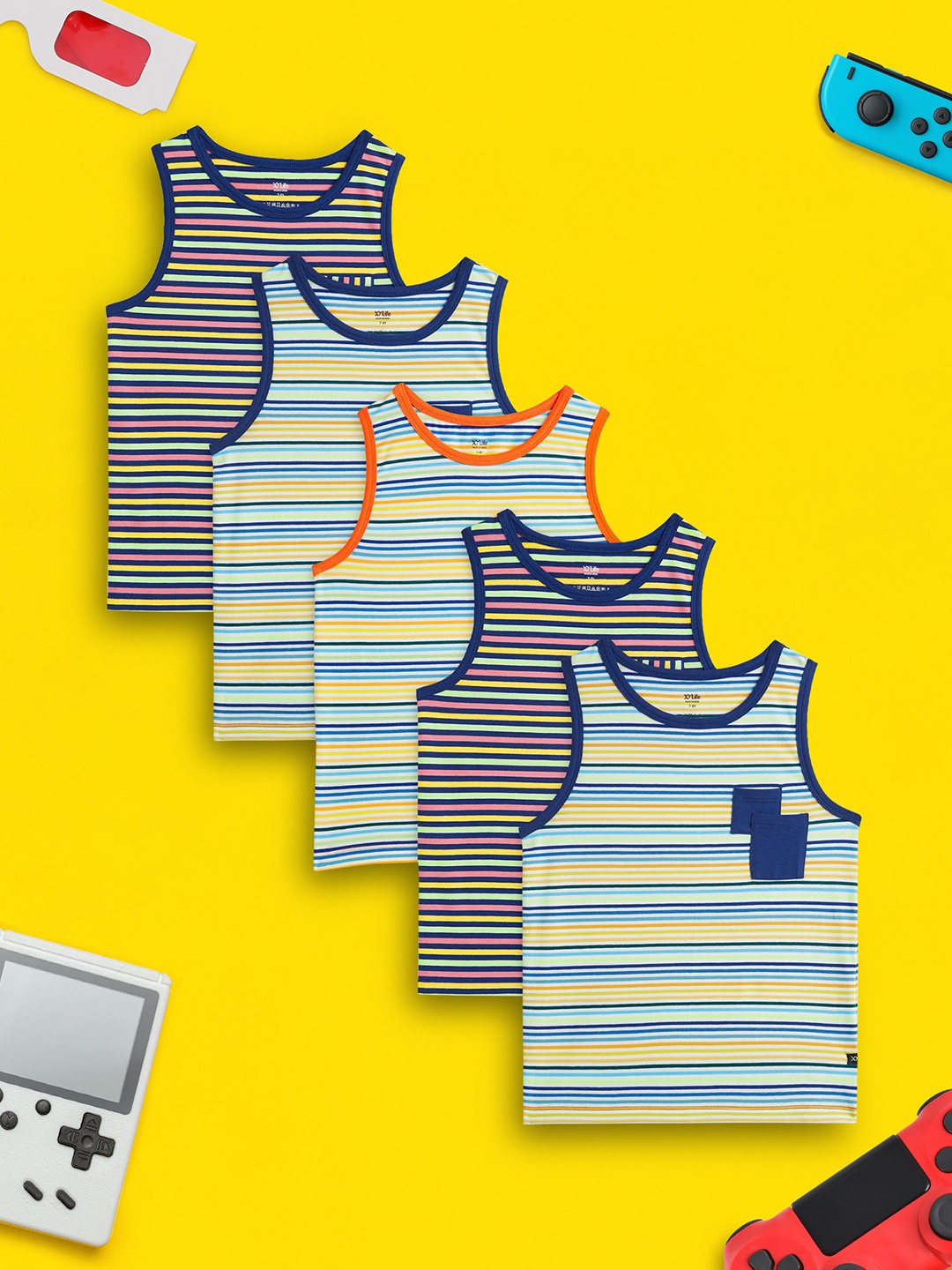 

XY Life Boys Pack Of 5 Arcade Combed Cotton Outer Vests, Yellow