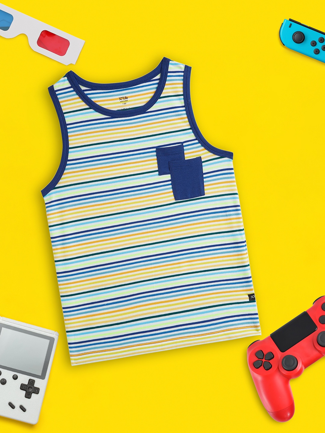 

XY Life Boys Yellow Arcade Blue Combed Cotton Outer Vests, Multi