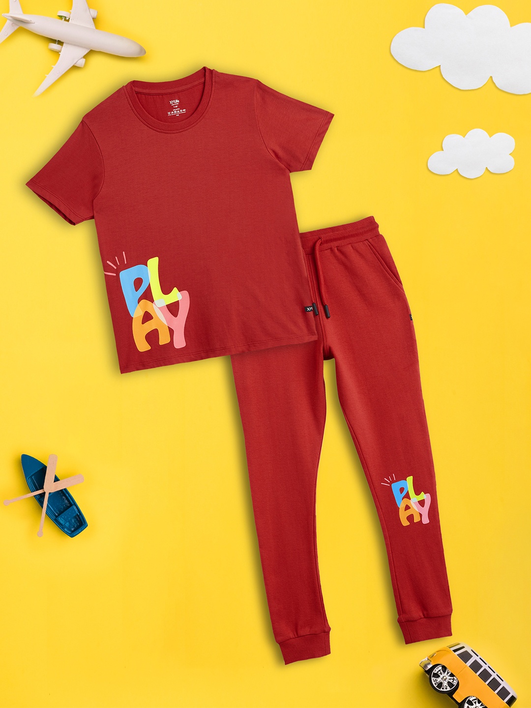 

XY Life Playmate Dark Red Combed Cotton Boy T-shirts & Joggers combos