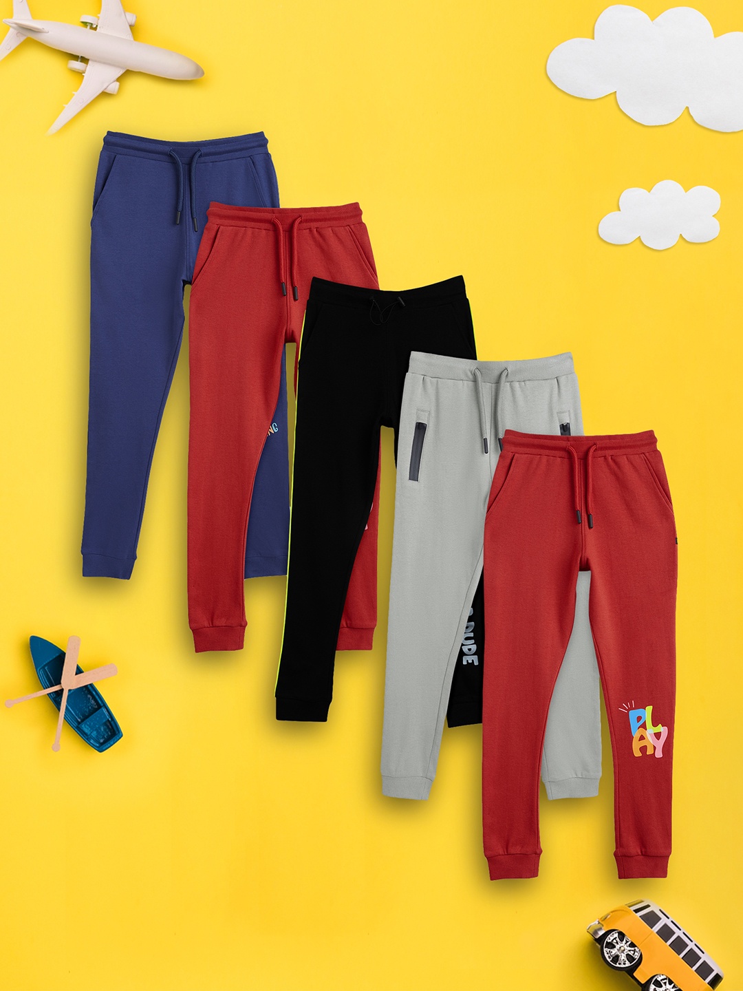 

XY Life Boys Pack Of 5 Solid Intelliease Combed Cotton Joggers, Blue