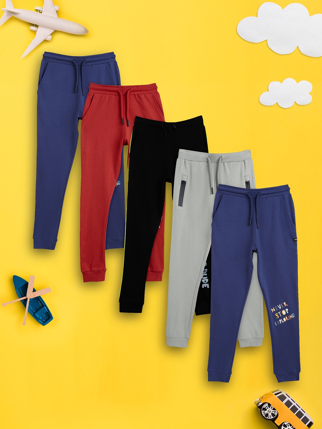 

XY Life Boys Pack Of 5 Printed Intelliease Combed Cotton Joggers, Red