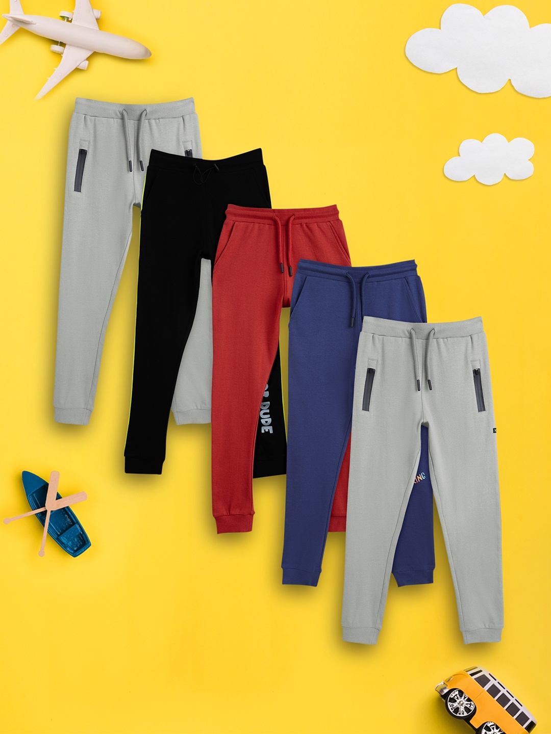 

XY Life Boys Pack of 5 Solid Intelliease Combed Cotton Track Pants, Grey