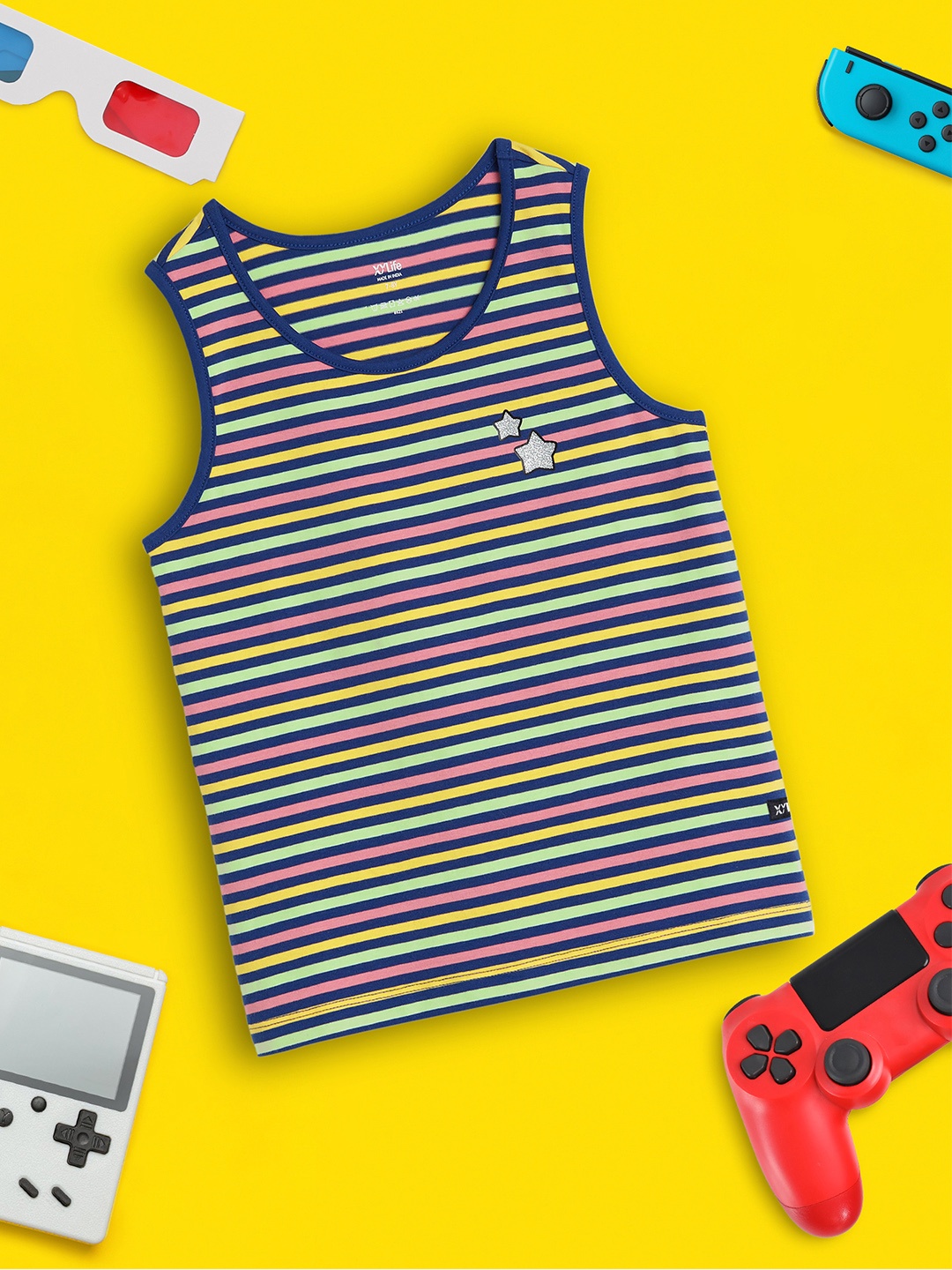 

XY Life Multicoloured Arcade Striped Blue Intelliease Combed Cotton Tank Top, Multi