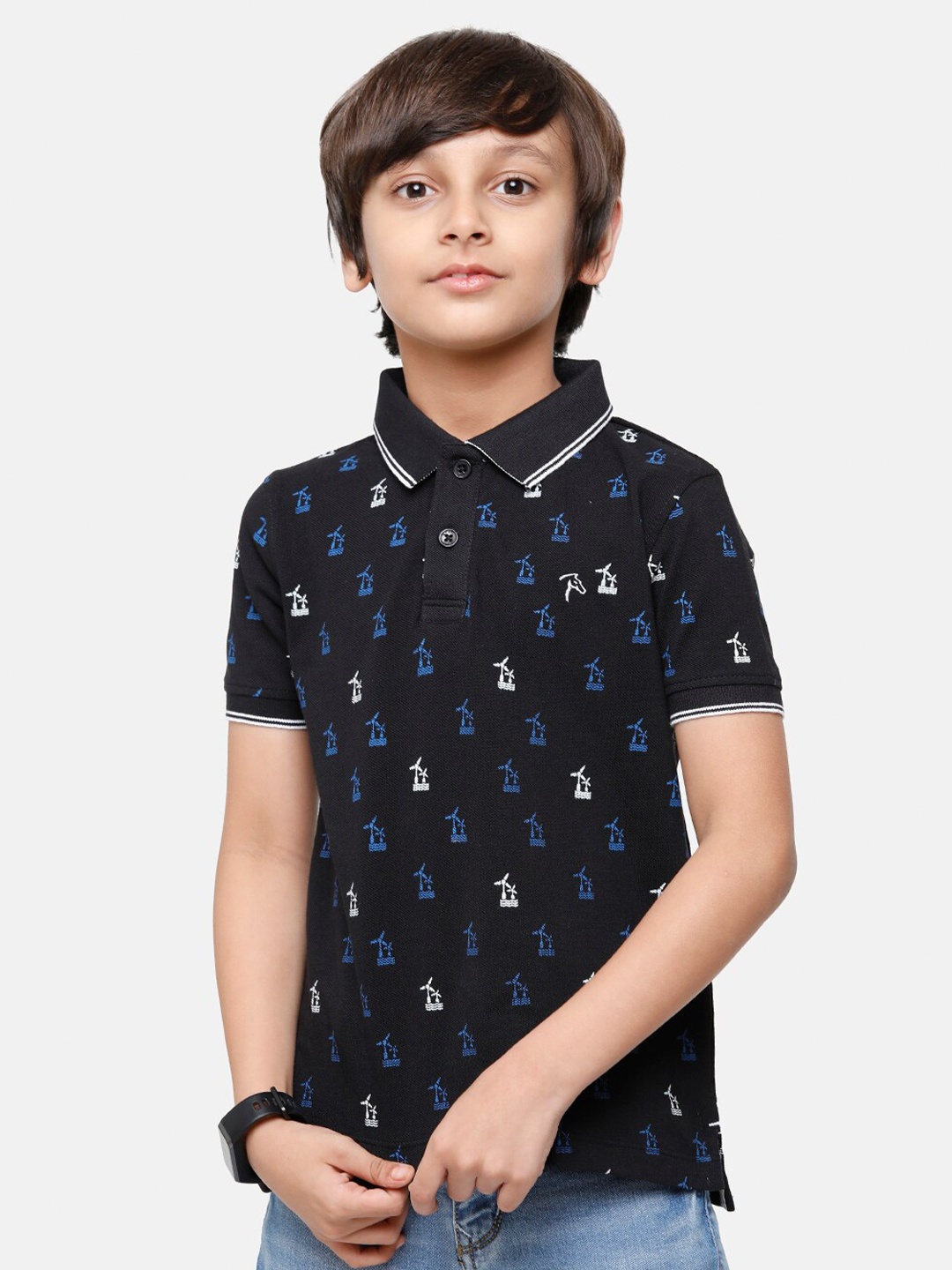 

CP BRO Boys Black Printed Polo Collar Tropical Slim Fit T-shirt