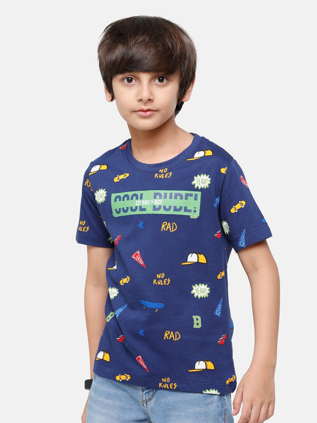 

CP BRO Boys Blue Printed Extended Sleeves Applique Slim Fit T-shirt