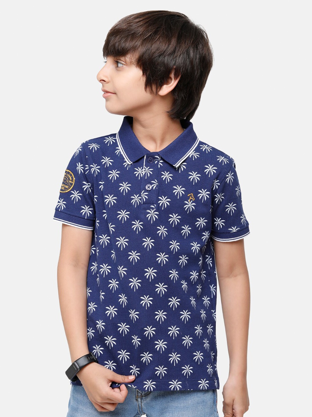 

CP BRO Boys Blue Printed Polo Collar Slim Fit T-shirt