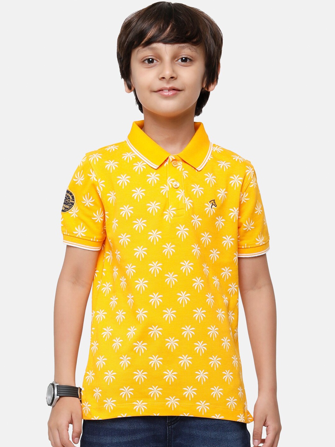 

CP BRO Boys Yellow Printed Polo Collar Slim Fit T-shirt