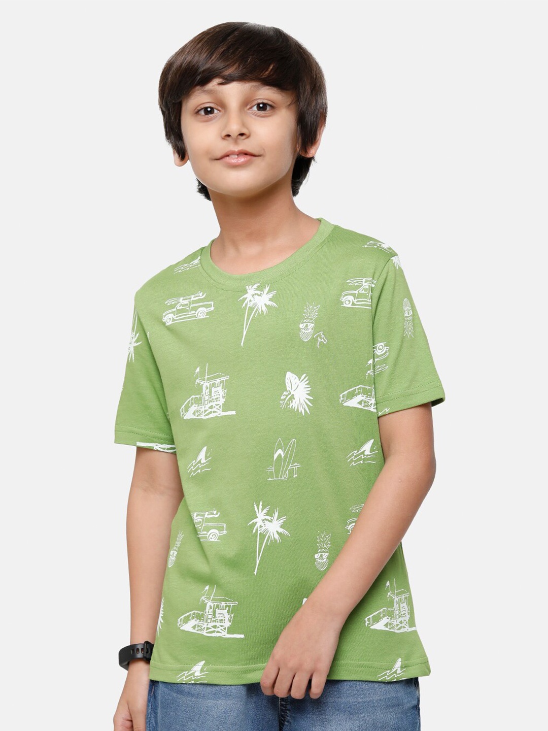 

CP BRO Boys Green Floral Printed Tropical Raw Edge Slim Fit T-shirt