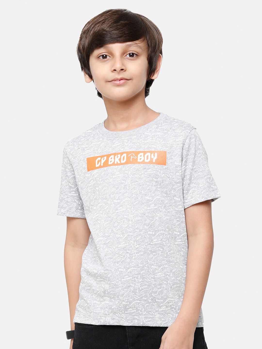 

CP BRO Boys Grey Typography Printed Applique Slim Fit T-shirt