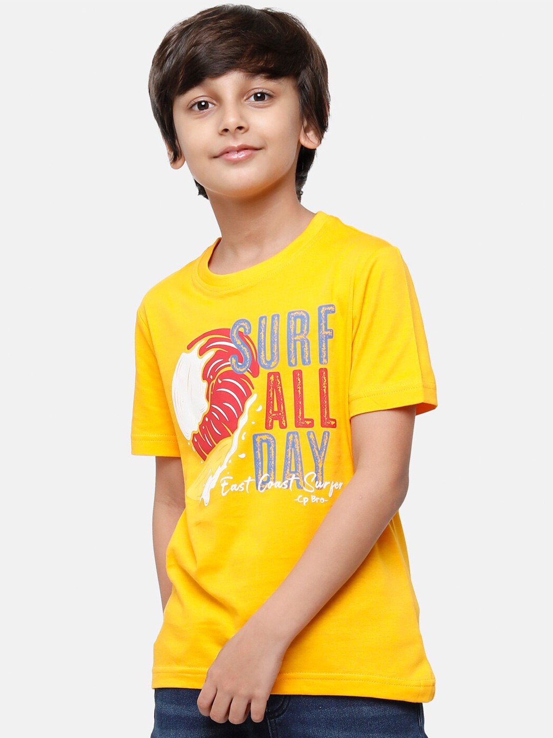 

CP BRO Boys Yellow Typography Printed Applique Slim Fit T-shirt