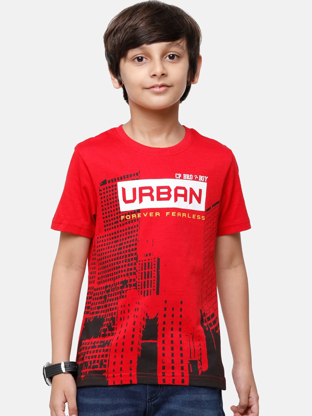 

CP BRO Boys Red Printed Applique Slim Fit T-shirt