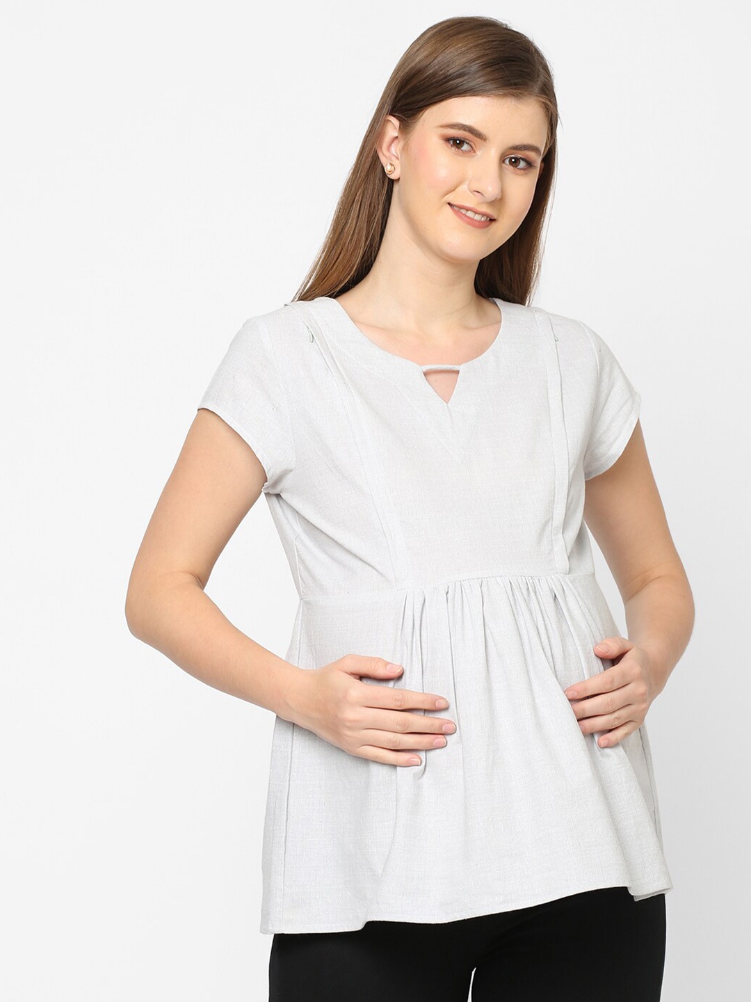 

Mystere Paris Grey Keyhole Neck Empire Top