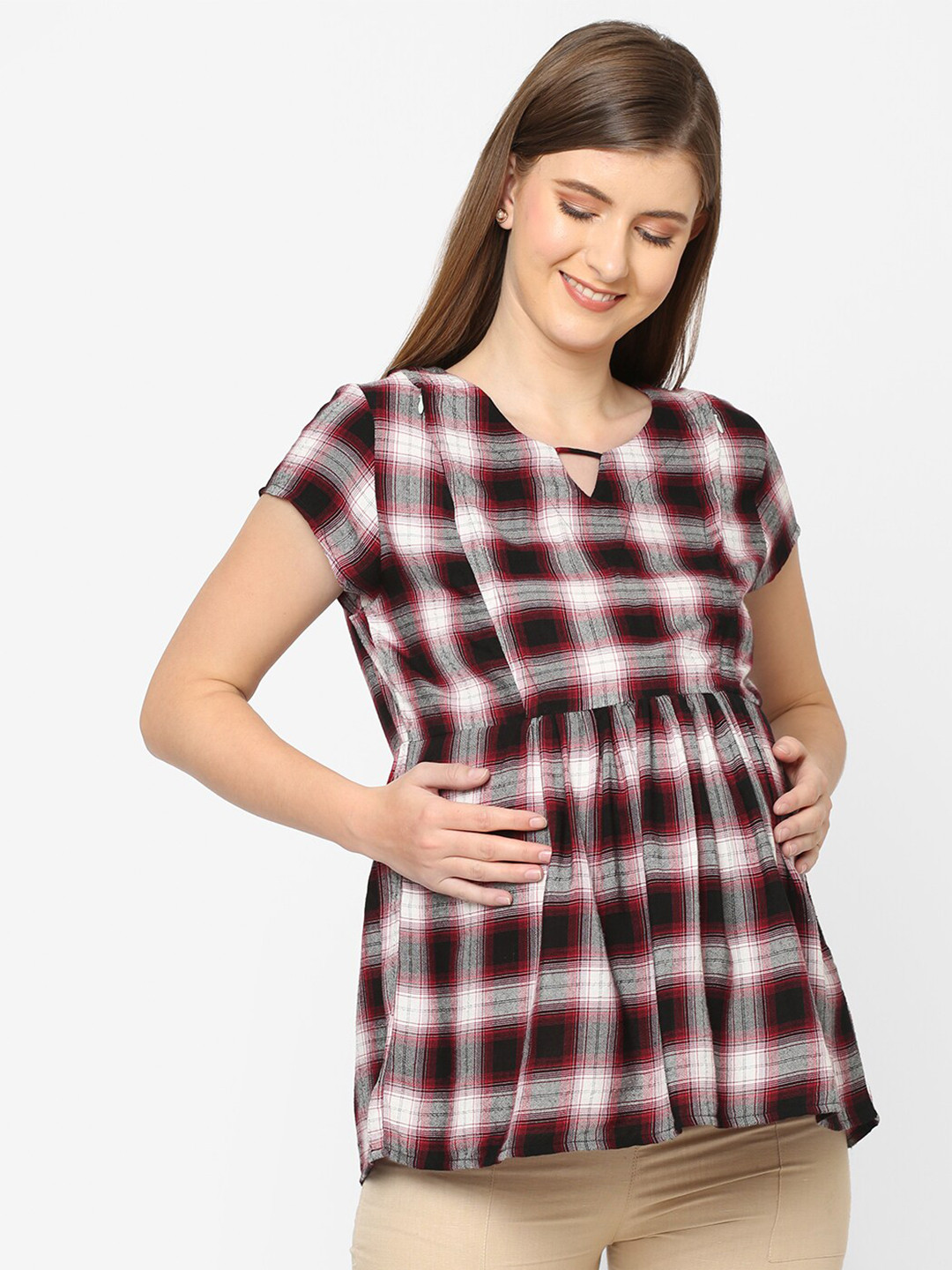 

Mystere Paris Red Checked Extended Sleeves Top