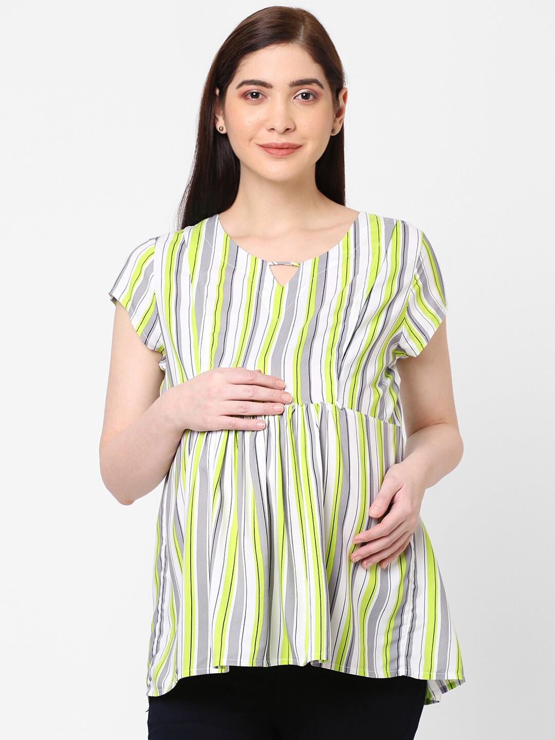 

Mystere Paris Grey Striped Keyhole Neck Top