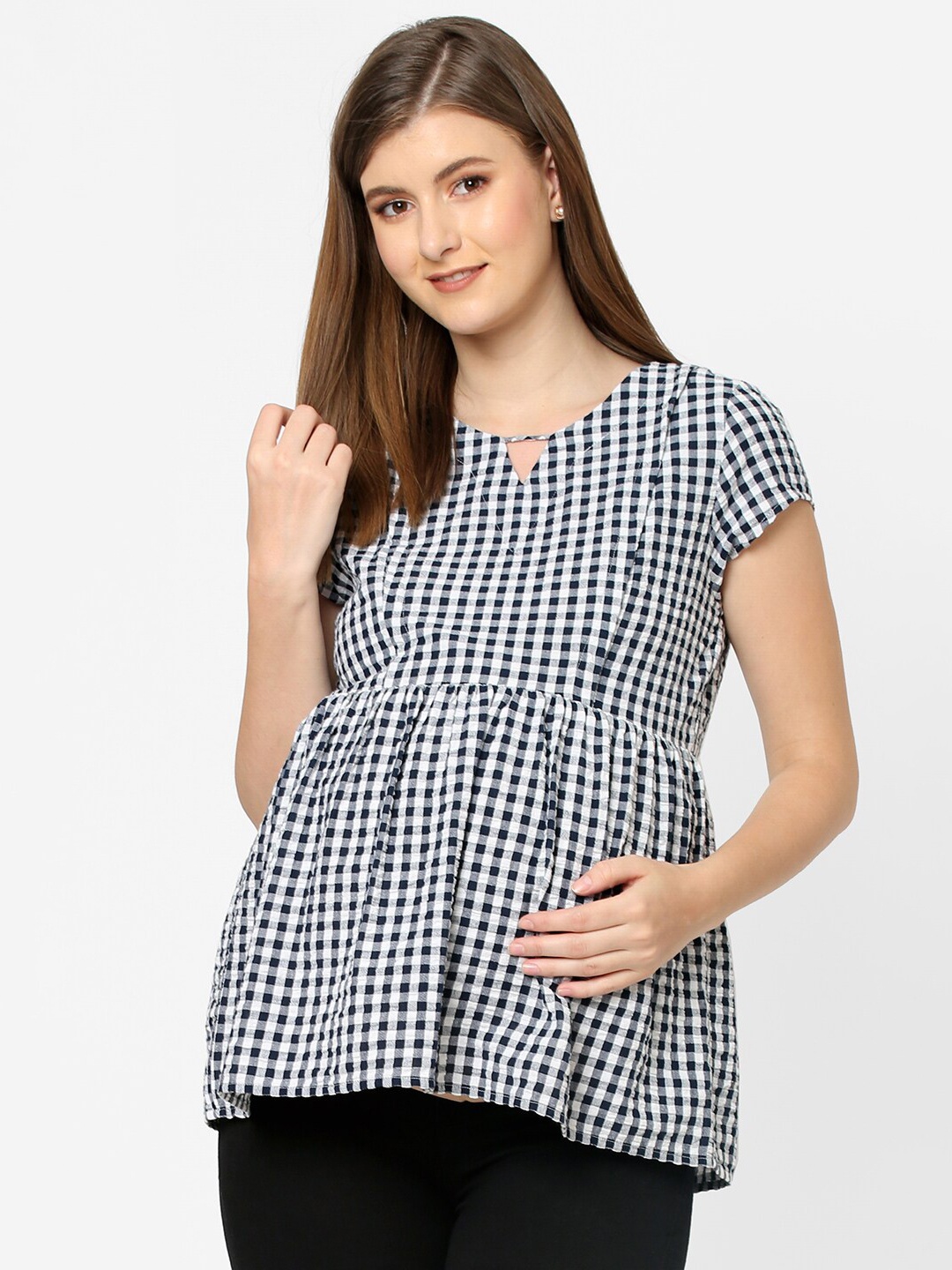 

Mystere Paris Navy Blue Checked Peplum Top