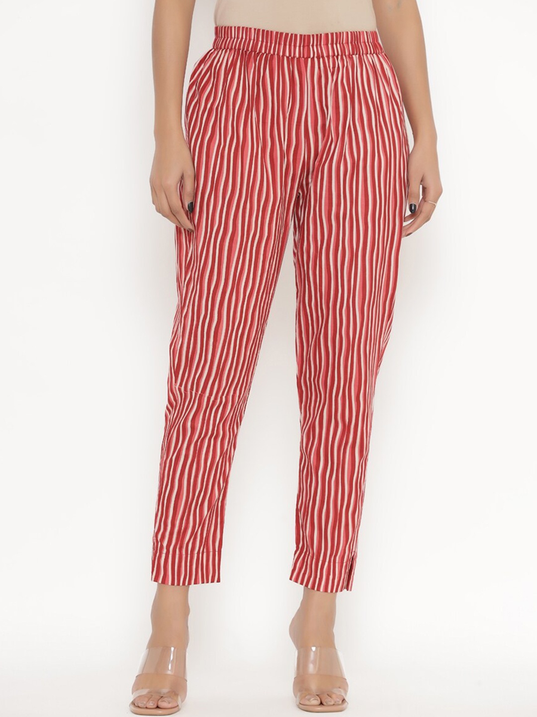 

PINKVILLE JAIPUR Women Red Striped Pleated Trousers