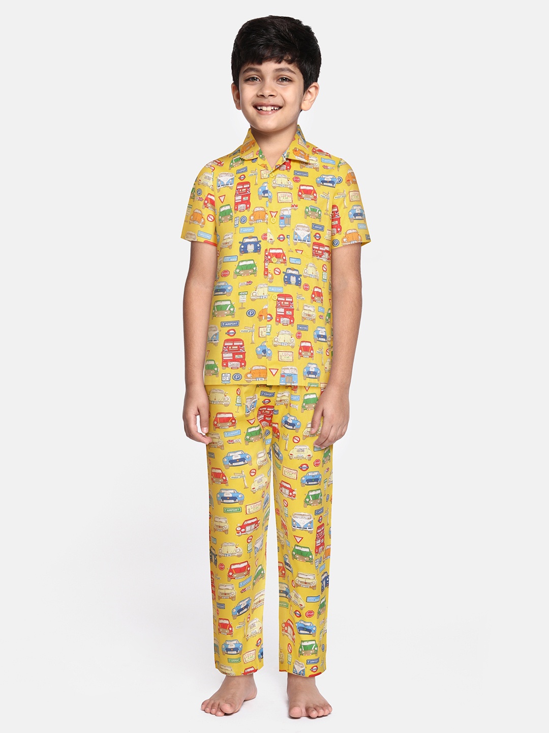 

NAUTI KIDZ Boys Yellow & Blue Conversational Print Pure Cotton Pyjama Set
