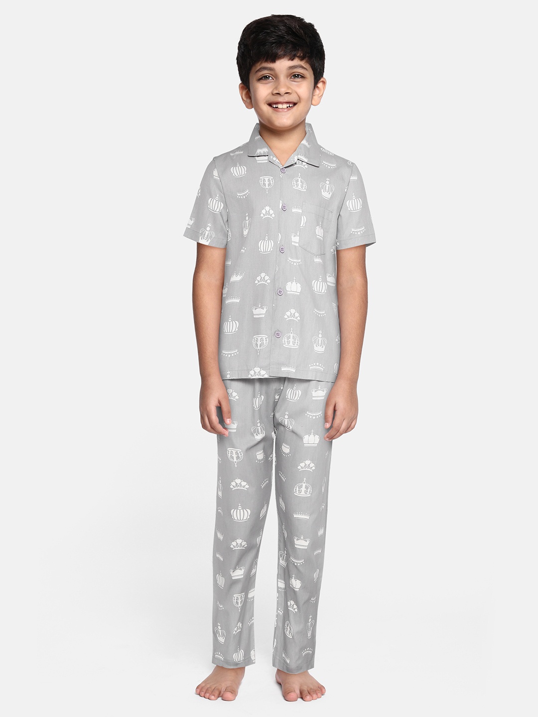 

NAUTI KIDZ Boys Grey & White Conversational Print Pure Cotton Pyjama Set