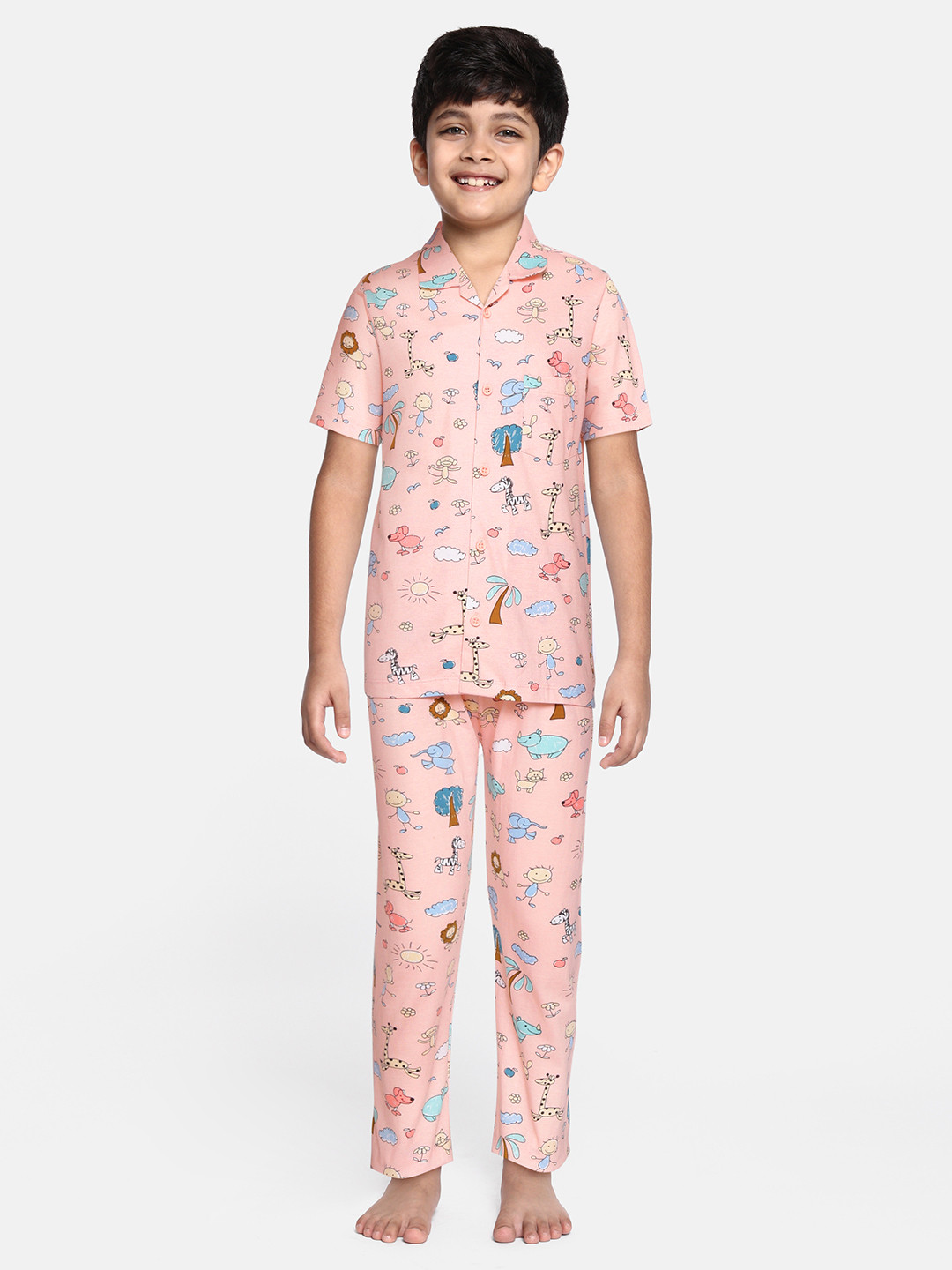 

NAUTI KIDZ Boys Peach-Coloured & Blue Conversational Print Pure Cotton Pyjama Set